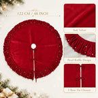 Red Velvet Christmas Tree Skirt with Ruffled Edge and Faux Pearl, 60 Inches Rustic Vintage Xmas Tree Skirt for Party Decorations - Image 6