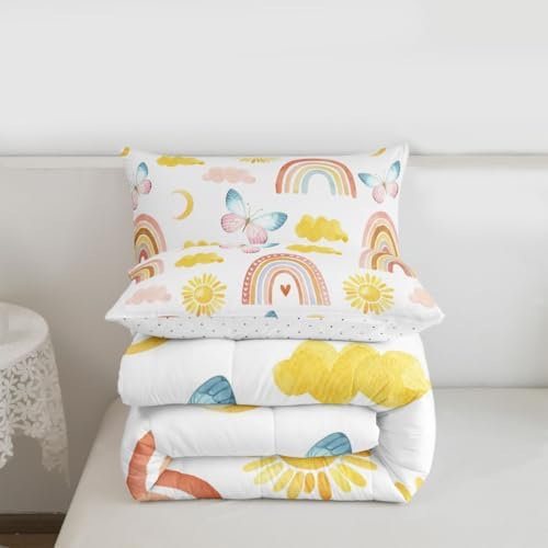 Rainbow Comforter Set King Size, Girls Butterfly Bedding Sets, Cartoon Rainbow Quilt Sets, Colorful Sun Clouds Comforters, Iridescent Print Down Comforter, Geometric Stripes Soft Lightweight Bedding - Image 7