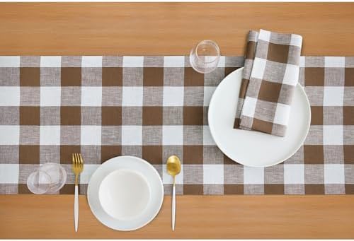 Solino Home 100% Linen Table Runner, 14 x 132 in, Brown and White Check - Image 3
