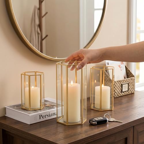 Gold Glass Hurricane Candle Holder Set of 3 Large Clear Hexagon Lanterns - Image 7