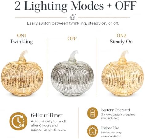 Silver Mercury Glass Pumpkin Light with 2 Lighting Modes and 6-Hour Timer, 5.5 x 6 Inch Battery Operated Fall Decor for Thanksgiving and Christmas Table Centerpiece - Image 4