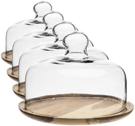 MyGift Cloche Dome Clear Glass Dessert Cheese Serving Tray 7.5 Inch Small Cake Cupcake Stand with Acacia Wood Base for Party Wedding (Pack of 4) by MyGiftHome
