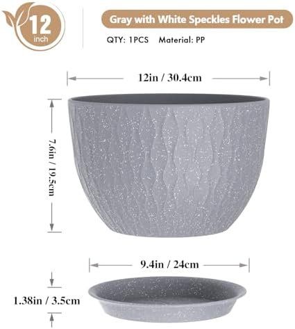 WSMKSZ 12 Inch Wide Water Ripples Flower Pots for Indoor or Outdoor Plants, Large Plant Pots with Drainage Holes & Saucer, Plastic Planters Set for Garden & Home Decor (Grey with White Speckles) - Image 2