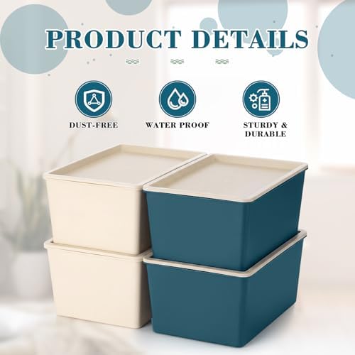 Menkxi 4 Pcs Storage Bins with Lids, Beige, Blue, Small - Image 3