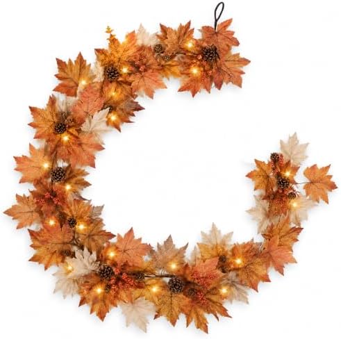 6 FT Lighted Fall Garland with Timer, Maple Leaves and Pinecones by Rotroyce
