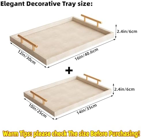 Modern Decorative Tray Set of 2 Ivory Shagreen Leather and Wood Serving Tray with Gold Polished Metal Handles for Ottoman, Coffee Table, Bathroom and More - Image 3