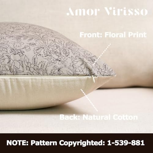 Amor Virisso Floral Throw Pillow Covers 20x20 Set of 2 Vintage Block Print Pillow Covers Decorative Pillow Covers Couch Pillows for Living Room Farmhouse Accent Sofa Pillows, Black/Sand - Image 2