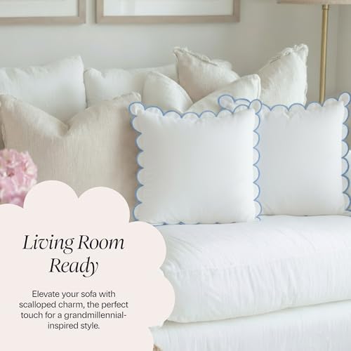 BEBE BASK Scalloped Pillow Cover Set of 2, 18x18, 100% Cotton - White/Blue - Image 6