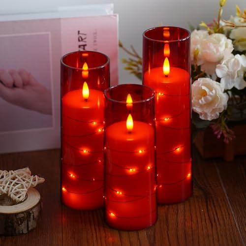 Flameless Candles,with Embedded Star String, Battery Operated Candles Flickering LED Pillar Candles with Remote Control and Timer, Home Decoration Add a Warm and Romantic Atmosphere，Set of 7 (Red) - Image 2