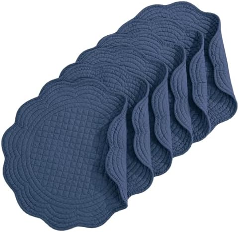HOMBYS Quilted Placemats Set of 6 Washable Round Placemats for Kitchen Table-100% Cotton Fabric 14 Inch Round Table Mats, Cotton Fabric with Microfiber Filling, (14"x14", Sapphire Blue) by HOMBYS