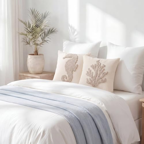 4 Pcs Coastal Beach Pillow Covers 18x18 Starfish Seahorse Coral Sand Dollar Embroidery Nautical Throw Pillow Covers Cushion Cases for Bedroom Sofa Ocean Summer Theme Holiday Home Decoration - Image 3