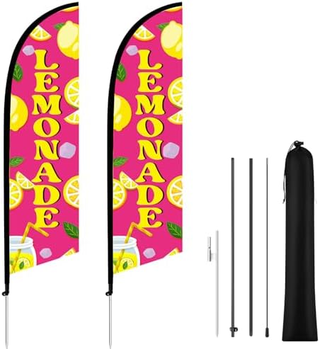 HunnmingRe 2 Set 11ft Pink Lemonade Feather Flag Kit, Large Advertising Swooper Flag Banner with Aluminum & Fiberglass Poles and Ground Stakes, High-visibility Outdoor Sign for Business, Store by HunnmingRe