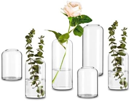 Glasseam Glass Bud Vases for Centerpieces, 6Pcs Modern Clear Small Vase Set by Glasseam