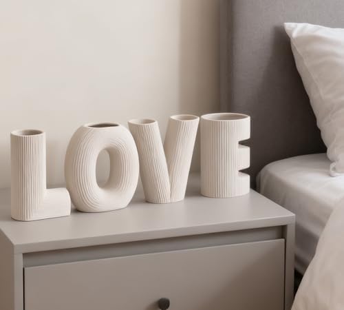 White Ceramic Vases Set of 4 Home Decor Modern Farmhouse Style Living Room Ornaments Dining Table Room Love Shaped Pottery for Dried Flowers - Image 2