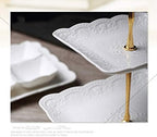 Sumerflos 3 Tier Porcelain Cupcake Stand, Tiered Serving Cake Stand, Square White Embossed Dessert Stand, Weddings Parties Pastry Serving Tray - Image 5