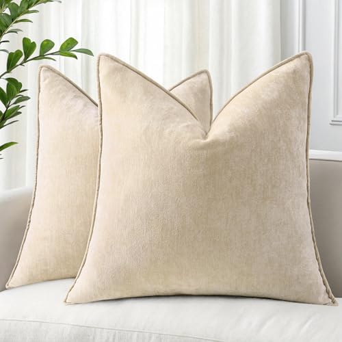 decorUhome Chenille Beige Velvet Throw Pillow Covers 26x26 Set of 2 by decorUhome