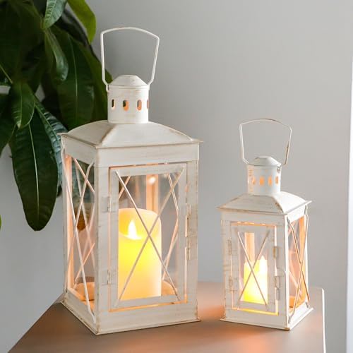 TRIROCKS Set of 2 Decorative Candle Lantern 12'' & 8'' High Metal Candle Holder Hanging Lantern Perfect for Home Decor Patio Living Room Parties Events Tabletop Indoors Outdoors (White) by TRIROCKS