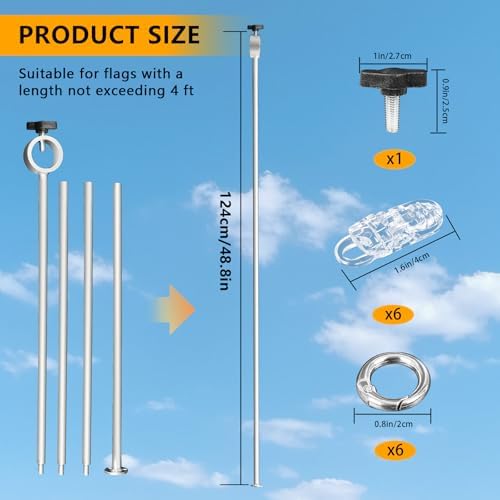 Adjustable Flag Straightener Rod and Detangler Kit with Strong Non-Slip Clips, for 0.7-1.1 Inch Diameter Flagpole, Stopping Flag Tangling Around Pole in Windy Conditions（2 Pack, Silvery） - Image 2