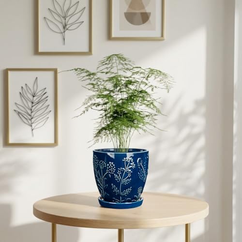 Hollyone 6 Inch Blue Ceramic Planter Flower Plant Pot with Drainage Hole and Saucer for Plants Embossed Indoor Outdoor Garden Embossed Ceramic Glazed Round Pot for Succulent Orchid Floral Pattern - Image 5
