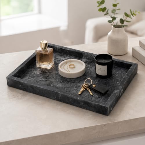 Natural Marble Decorative Tray, 11.8"x7.87" Solid Stone Serving Tray with Raised Border, Versatile Rectangle Organizer for Entryway Key, Coffee Table, Nightstand, Jewelry & Home Accent (Black) by Unknown