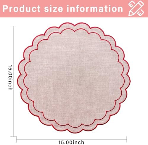 Linen Cotton Placemats Set of 4 Scalloped Flower Embroidery Place Mats 15'' Natural Linen Texture Fabric Machine Washable Table Mats for Restaurant Kitchen,Table Decor(Powder Pink) - Image 2