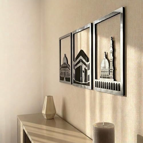 iwa concept Masjid Al Aqsa, Kaaba & Masjid An-Nabawi Islamic Wall Art, Wooden Blessed Places Islamic Wall Decor, Gift for Muslims at Ramadan Eid (Small, Silver | All Three) - Image 7