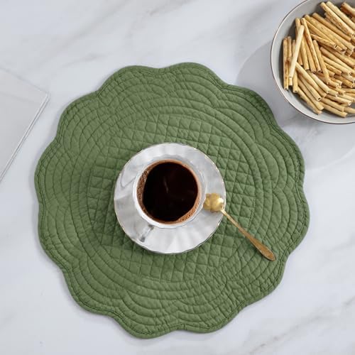 HOMBYS Quilted Placemats Set of 6 Washable Round Placemats for Kitchen Table-100% Cotton Fabric 14 Inch Round Table Mats, Cotton Fabric with Microfiber Filling (14"x14", Emerald Green) - Image 4