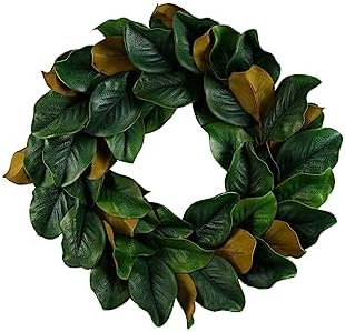 Serene Spaces Living Artificial Magnolia Leaf Garland and Wreath, Ideal to Hang at Wedding, Store Display, Window Sill, Fall Decor, Holiday Décor (24" Green & Brown Magnolia Wreath) by SereneSpacesLiving