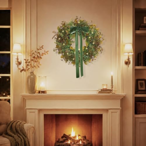 24 Inch Pre-Lit Boxwood Fall Winter Wreath for Front Door & Porch - Image 6