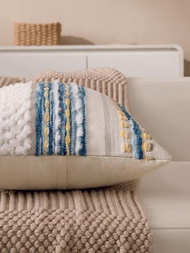 Boho Chenille Tufted Couch Throw Pillow Covers 18x18 Inch Set of 2 Farmhouse Striped Decorative Pillow Covers Accent Neutral Square Pillowcase Blue Cushion Covers for Livingroom Sofa Bed - Image 5