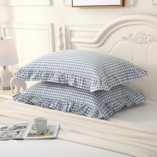 Silnuo Light Blue Plaid Gingham Ruffle Pillow Shams King Size Set of 2 - Image 3