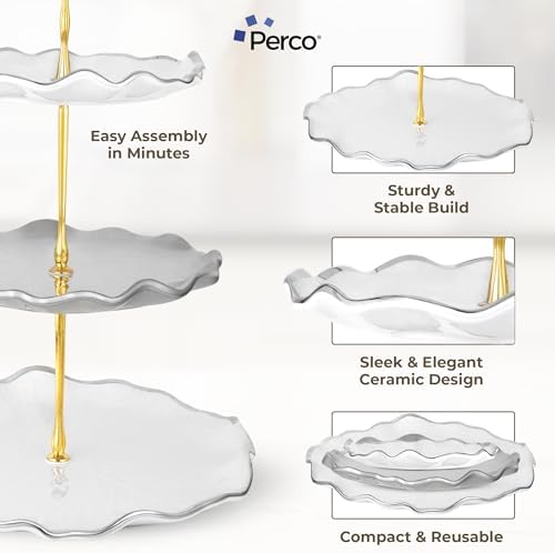 Perco 3 Tier Ceramic Cupcake Stand for 20 Cupcakes – Tiered Dessert Stand & Serving Tray, Elegant Gold Accent Dessert Table Display Set for Weddings, Birthdays & Events - Image 3