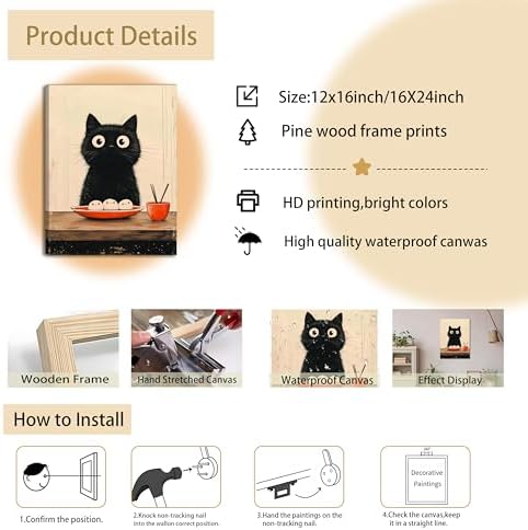XYHYRA Framed Vintage Funny Black Cat Kitchen Wall Art, Cute Cartoon Cat with Rice Balls Canvas Print Painting, Japanese Food-Inspired Poster Picture for Dining Room Cafe Coffee Nook Decor 16x24 inch - Image 3