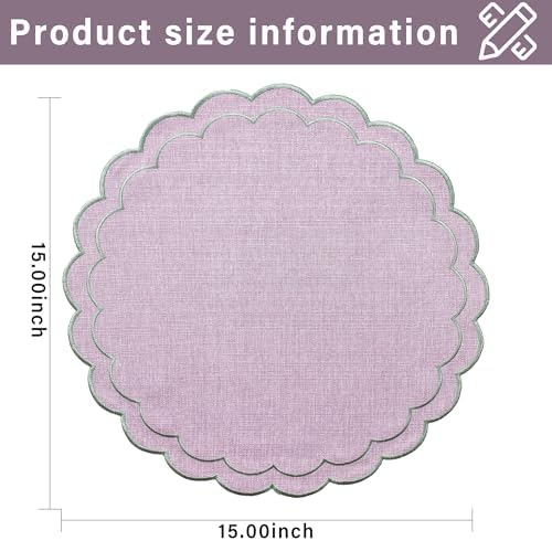 Linen Cotton Placemats Set of 4 Scalloped Flower Embroidery Place Mats 15'' Natural Linen Texture Fabric Machine Washable Table Mats for Restaurant Kitchen,Table Decor(Lilac) - Image 2