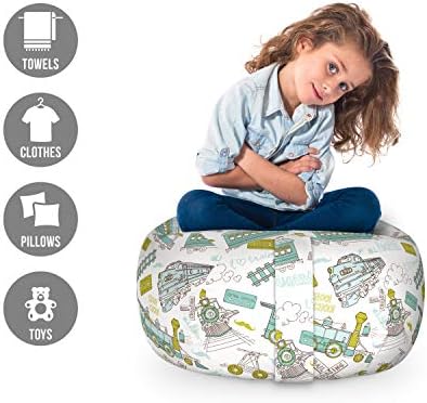 Ambesonne Steam Engine Storage Toy Bag Chair, Choo Choo Train Pattern and Number Signs Vintage Travel Theme Print, Stuffed Animal Organizer Washable Bag, Small Size, Apple Green Turquoise - Image 2