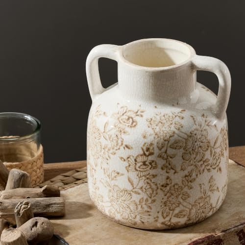 Vintage Flower Vase with Handles, Ceramic Utensil Holder, Decorative Vase Chinoiserie Decor Rustic Farmhouse Retro Floral Vases for Table Bookshelf Mantel Kitchen Living Room - 6.7” Brown 017 by ooit