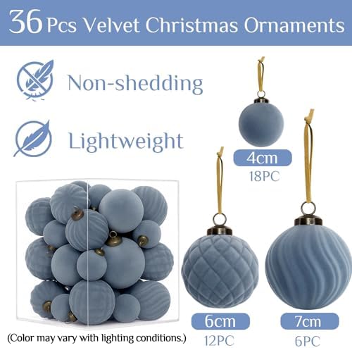 XmasExp 36PCS Velvet Christmas Ornaments Set Mixed Flocked Balls Ornaments Shatterproof Christmas Tree Decorations for Holiday,Party,Home（Light Blue） - Image 3