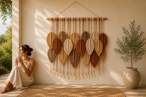 Macrame Wall Hanging Large, Boho Wall Decor, Leaf Macrame Wall Art, Woven Cotton Tapestry for Bedroom Living Room (Beige and Brown) 39" x 31" - Image 7