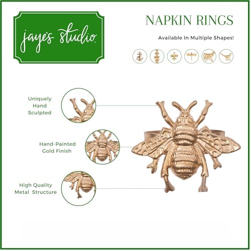 Jaye’s Studio Decorative Bee Napkin Rings Set of 4 Brushed, Gold Napkin Holder for Table Setting Decor, Handcrafted Metal Boho Napkin Holder Modern for Dinner Table Decor, 3” x 2.5” Enamel Finish - Image 3
