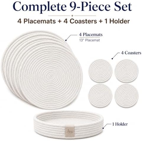 9-Piece Cotton Rope Placemats, Coasters & Holder, Warm Ivory - Image 2