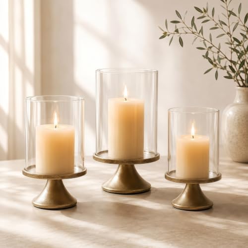 Hurricane Glass Candle Holders Set of 3, Weighted Base for Pillar Candles by Unknown