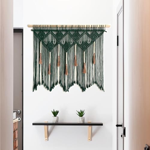 Youngeast Large Macrame Wall Hanging Boho Woven Tapestry Bohemian Macrame Wall Decor Handmade Tassel Tapestry Home Decoration for Bedroom Living Room 39"X31" (Wood Dowels Not Included) (Dark Green) - Image 2