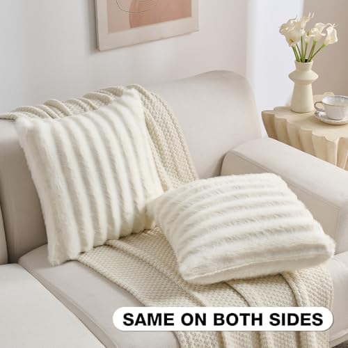 FUTEI Pack of 2 Faux Mink Fur Throw Pillow Covers 26x26 Inch, Cream White - Image 4