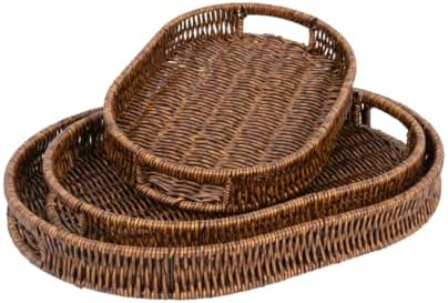 Set of 3 Serving Tray for Foods & Drinks, Faux Rattan Trays with Handles, Wicker Tray Handwoven Organizer Baskets Storage Decorative Coffee Table Brown by CBAOCBKVH