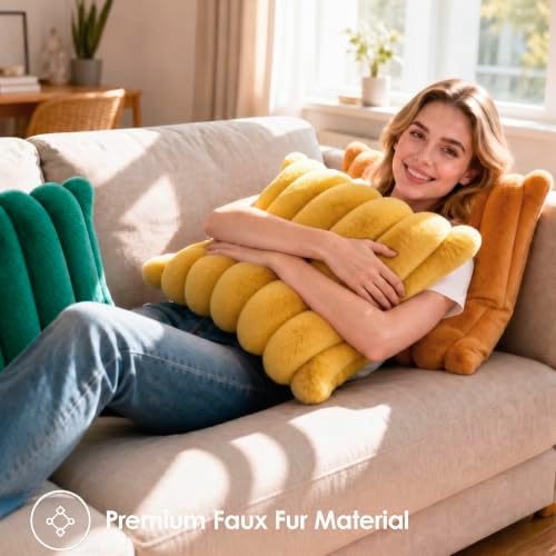 Faux Fur Decorative Throw Pillow Covers 20x20 Set of 2, Yellow - Image 2
