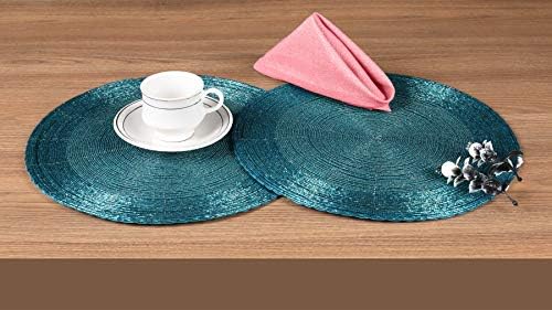 Lightnpro Handmade Beaded Placemats Set of 4 – 13 Inch Round Teal Charger Mats | Handcrafted Artisan Table Accessories, Elegant Farmhouse Dining Table Décor for Holiday Gatherings & Special Occasions - Image 2