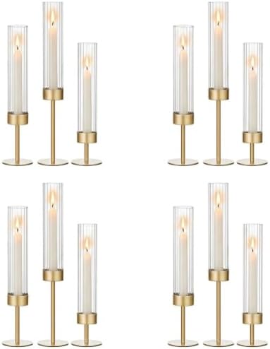 Gold Hurricane Candlestick Candle Holders - Set of 12, Brass, Fluted Glass by Unknown