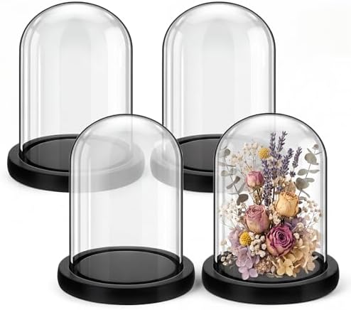 Suclain 4Pc Glass Dome Cloche with Wood Base, Black, 5.1" X 3.8" by Suclain