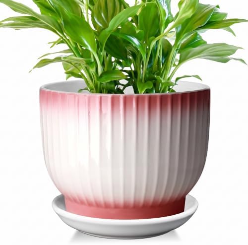 8 Inch Ceramic Plant Pot, Pink + White by YUFDA