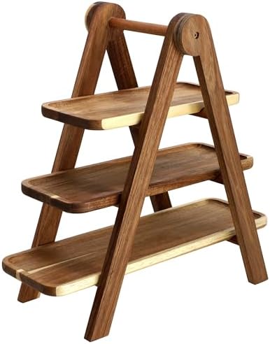 Elama Acacia Wood 3 Tiered Rectangular Ladder Tray Serving Set, Cupcake Tray, Serveware Set, Decorative - Image 2